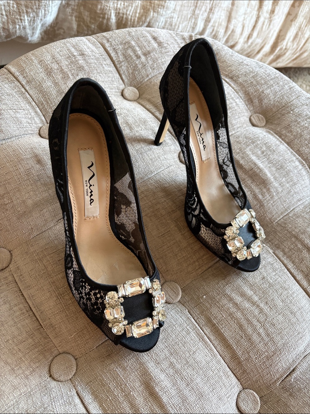 Nina Black Lace Peep-Toe Heels with Crystal Buckle Accent